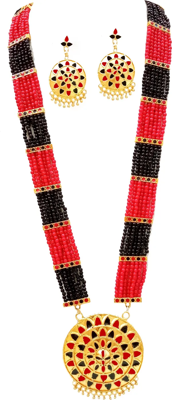 Assamese_Traditional_Gold_Plated_Red_Black_Colour_Japi_Tassel_Jewellery_Set_For_Women